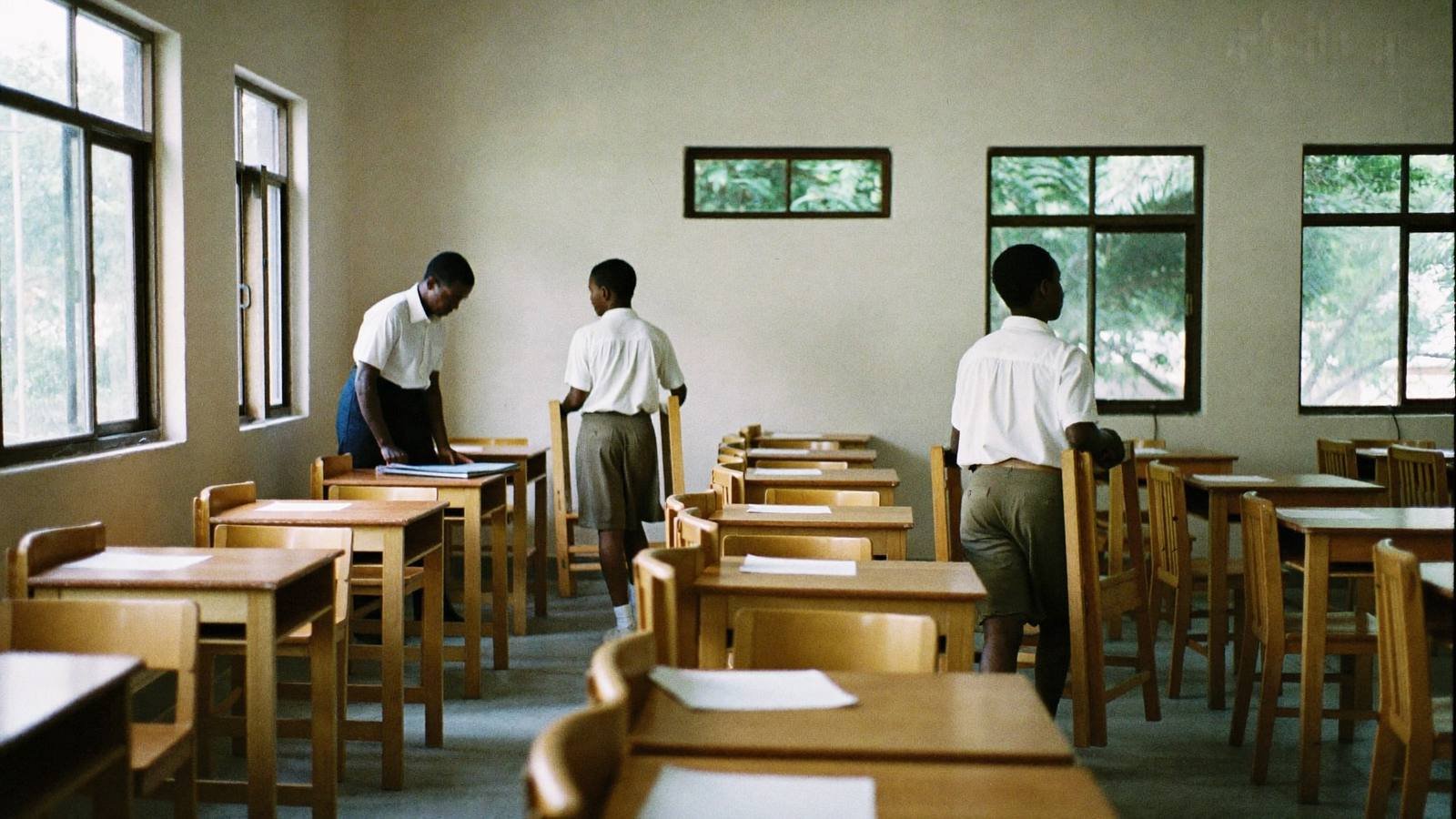 A finished classroom with new desks and bright windows