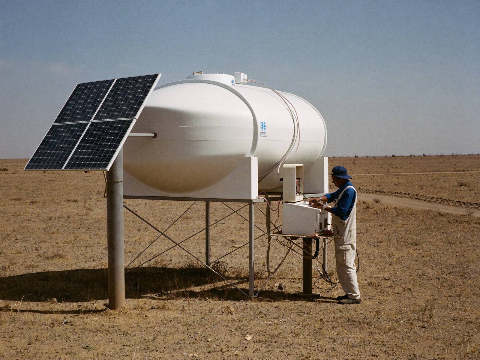 Solar array and water tank in arid Kenya